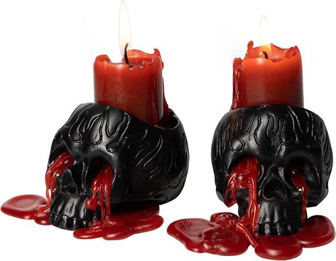 Set of 2 black skull candle holders with red drip candles that melt through the skull eyes creating a blood like effect. A cool spooky addition to your home decor. Spine Candle, Goth Candles, Blood Candles, Gothic Candles, Skull Candle Holder, Candle Stick Decor, Novelty Candles, Dripping Candles, Skull Gifts