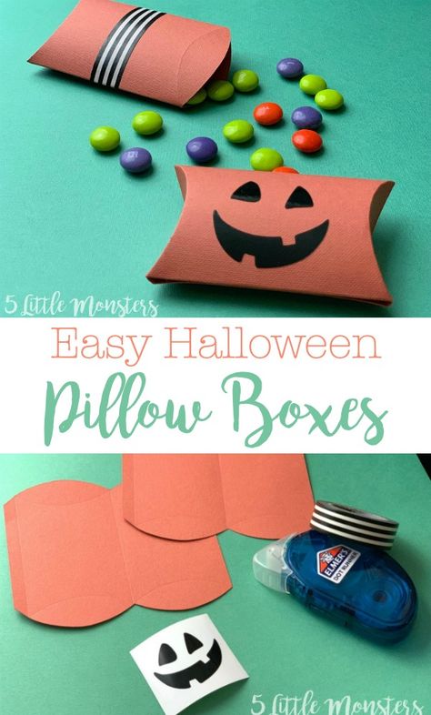 Make easy treat boxes for halloween with this Cricut tutorial. Decorate with vinyl faces or with washi tape and fill with candy. Halloween Party Cricut Projects, Diy Candy Box Ideas, Halloween Treat Bag Ideas For Kids, Cricut Halloween Treat Holders, Cricut Halloween Class Gifts, Cricut Halloween Treat Boxes, Halloween Paper Crafts Cricut, Halloween Treat Boxes Ideas, Cricut Halloween Decor