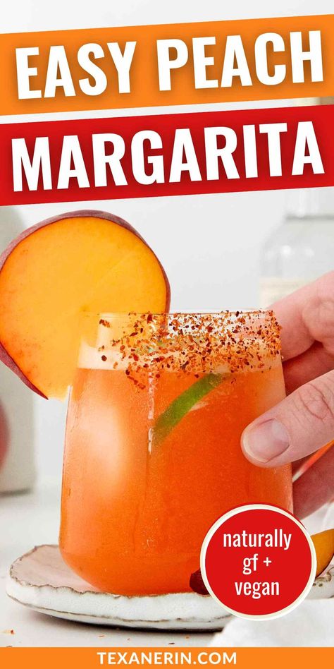 Peach Margarita - Texanerin Baking Peach Schnapps Margarita, Easy Peach Margarita Recipe, Peach Margarita Recipe, Peach Simple Syrup, Peach Margarita Recipes, Peach Margaritas, Peach Cocktail Recipe, Fresh Margarita, Peach Daiquiri