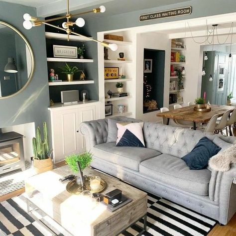 Living Room Knock Through, House Living Room Decor, Grey Sofa Living Room, Home Nails, Long Living Room, Narrow Living Room, Nails Home, Living Room Dining Room Combo, Open Plan Kitchen Living Room