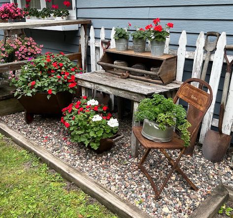 Organized Clutter's 2023 Junk Garden Tour (Pt 1) - Organized Clutter Junk Garden Ideas Repurposed, Junk Garden Ideas, Garden Junk Ideas, Primitive Garden Ideas, Potting Plants, Rustic Garden Design, Garden Edge, Junk Garden, Side Ideas