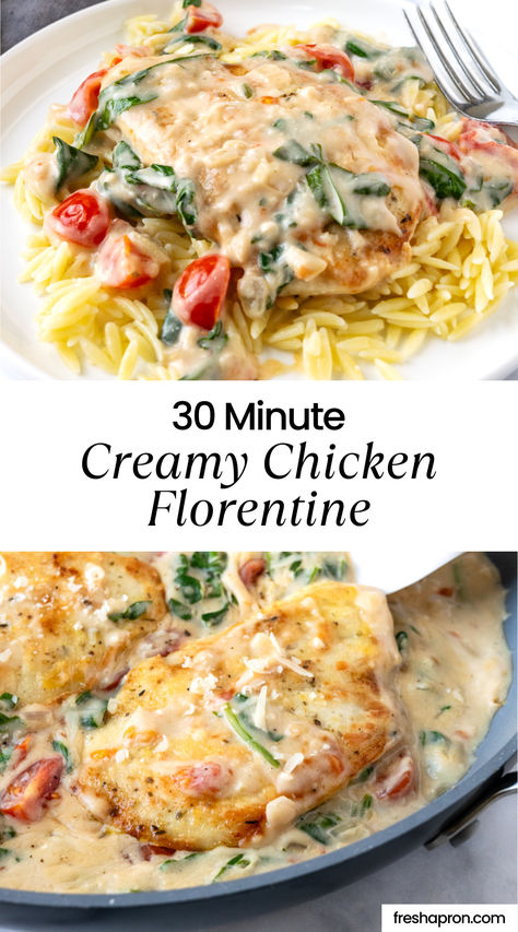 Creamy Chicken Florentine in a pan and served on a white plate over orzo. Florentine Pasta Recipes, Chicken Spinach Tomato Recipe, Homemade Chicken Nuggets Baked, Creamy Chicken Florentine, Pasta Florentine, Creamy Chicken Spinach, Creamy Chicken Spinach Pasta, Chicken Spinach Recipes, Chicken Florentine Pasta