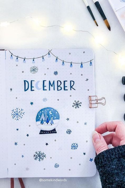 December Aesthetic Journal, Winter Bullet Journal Theme, Blue Bullet Journal Theme, Bullet Journal Ideas Christmas, Journal Ideas Christmas, December Cover Page, December Bullet Journal Ideas, Winter Bullet Journal, Bullet Journal Cover Page Ideas