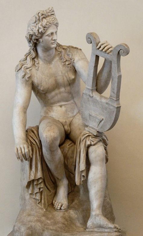 A statue of Apollo with his lyra Apollo Greek Mythology, Apollo Greek, Apollo Statue, Ancient Greek Sculpture, Roman Statue, Classic Sculpture, Greek Statues, Roman Gods, Roman Sculpture