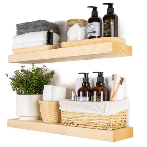 PRICES MAY VARY. NATURAL WOODS:The floating shelf is made of 100% solid pine, selected wood with beautiful wood grain texture and knot composition, the surface is sanded and then manually brushed, which ensures the natural wood grain feel on the surface of the wood, making our products more realistic to restore the beauty of nature, adding a rustic natural touch to your home decor. This wood is not only attractive, but also durable, ensuring that your shelves will remain beautiful for years to c Wall Shelves For Bathroom, Floating Kitchen Shelves, Wood Wall Shelves, Shelves For Bathroom, Rustic Wood Wall, Farmhouse Laundry, Farmhouse Laundry Room, Open Kitchen Shelves, Wooden Wall Shelves