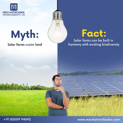 Busting the Myth! 🌞✨ Myth: Solar Farms Waste Land. Fact: Solar Farms Can Be Build In Harmony With Existing Biodiversity.🌿 Mechatronikk Technologies Pvt. Ltd. For Commercial/Industrial/Residential Solar Inquiry Call: 📲 +91 82009 94692 📲 +91 81604 00549 Visit website: www.mechatroniksolar.com . . . #SolarFacts #SustainableLiving #BiodiversityHarmony #switchtosolar #GreenEnergy #SolarEnergy #SwitchToSolarPanel #BestSolarCompany #SolarPanels #mechatroniksolar #Ahmedabad #Gujarat Waste Land, Solar Energy Facts, Solar Farm, Solar Companies, Residential Solar, Canvas Learning, Visit Website, Green Energy, Save The Planet