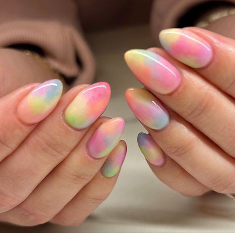 Tie Dye French Tip Nails, Summer Acrylic Nails Pastel, Swirl Color Nails, Pastel Multicoloured Nails, Tie Dye Almond Nails, Tie Dye Gel Nails, Pink Tie Dye Nails, Nails Tie Dye, Rainbow Gradient Nails