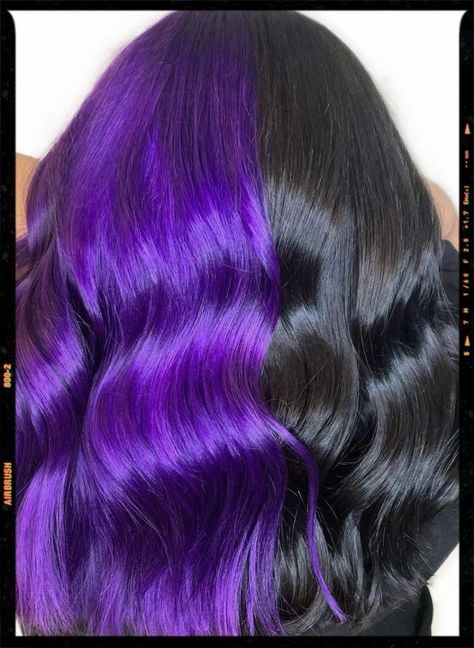 Hair Color Idea - Split Hair Purple And Black Ombre Hair, Dark Hair With Purple Extensions, Split Black And Purple Hair, Half Purple Half Black Hair Short, Purple On Top Black On Bottom Hair, Black N Purple Hair, Black And Purple Color Block Hair, Split Dyed Hair Purple And Black, Half Black Half Purple Hair Split