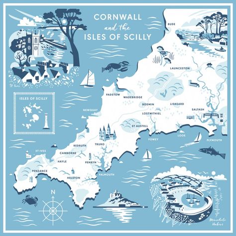 Illustrated map of Cornwall scarf by Matt Johnson for Seasalt https://www.seasaltcornwall.co.uk/accessories/scarves-shawls Map Illustration Design Graphics, Map Of Cornwall, Maps Illustration Design, Cornwall Map, Celtic Nations, Montana Vacation, Illustrated Maps, Scotland Landscape, Fantasy World Map