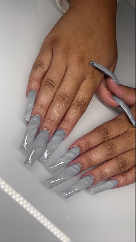 Long Acrylic Nails Gray, Smokey Grey Nails, Grey Long Nails, Bruja Nails, Gray Marble Nails, Gray Nails Acrylic, Grey Nails Acrylic, Grey Acrylics, Gray Acrylic Nails