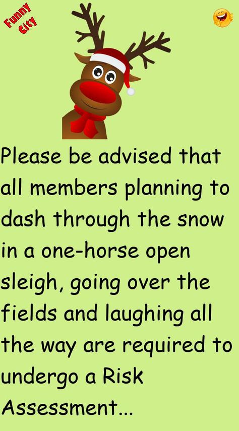 Please be advised that all members planning to dash through the snow in a one-horse open sleigh, going over the fields and laughing all the way are required to undergo a Risk Assessment addressing .. #funny, #joke, #humor Funny Christmas Stories, One Horse Open Sleigh, Funny City, Christmas Carolers, Christmas Stories, Risk Assessment, Dashing Through The Snow, Christmas Games, Risk Management