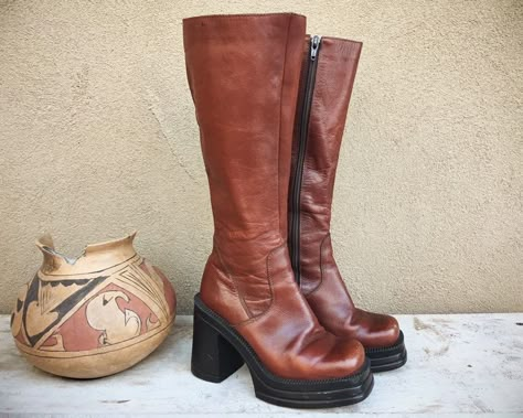 Chunky 70s Heels, Brown Leather Platform Boots, Chunky Heel Boots Outfit, Chunky Brown Boots, Vintage Brown Boots, High Heel Leather Boots, Knee High Brown Boots, Brown Platform Boots, Brown Leather Knee High Boots