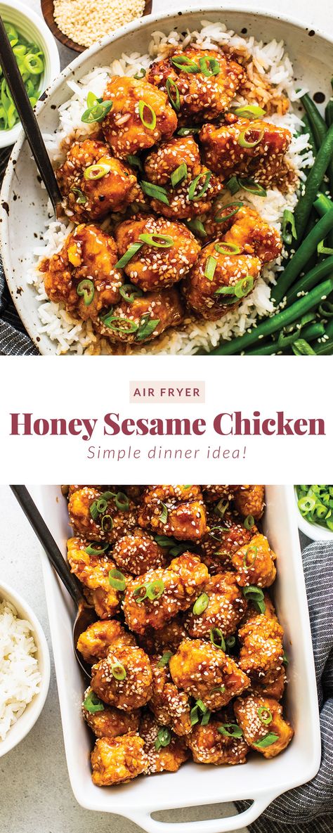 This saucy, delicious air fryer honey sesame chicken is ready in 30 minute and tastes deep-fried, but it's actually made in the air fryer! Air Fried Honey Chicken, Chicken Air Fried Recipes, Dinner Recipe Air Fryer, Airfryer Honey Chicken, Chicken And Rice Recipes Air Fryer, Air Fried Sesame Chicken, Air Fryer Asian Chicken Bites, Honey Sesame Chicken Healthy, Air Fryer Honey Sesame Chicken