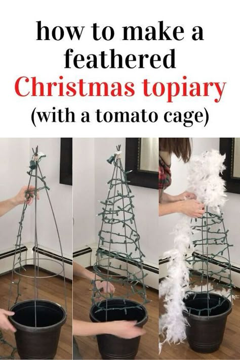 Tomato Basket Christmas Tree, Tomatoe Cages Ideas Diy Christmas, Tomato Cage Christmas Decorations, Christmas Topiaries, Tomato Cage Christmas, Christmas Tree Topiary, Fall Topiaries, Holiday Lights Outdoor, Tomato Cage Christmas Tree