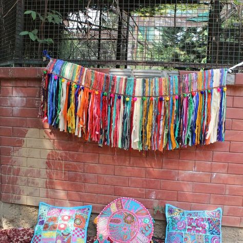 Boho Rag Window Valance Rag Garland Pom Pom Fabric Banner - Etsy Ireland Rag Curtains, Hippie Curtains, Craft Spaces, Rag Garland, Room Decor Aesthetic, Tent Decorations, Decorative Wall Art, Unique Gifts For Mom, Fabric Banner