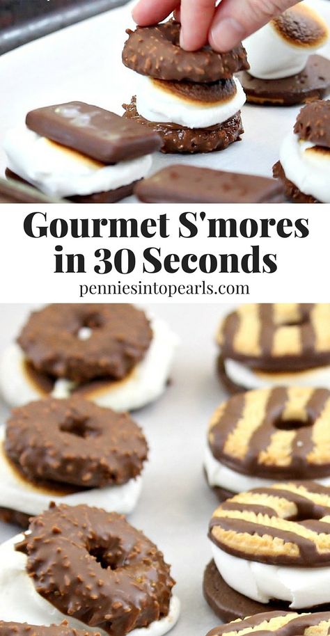 The Best Gourmet S'mores in 30 Seconds Best Smores Recipe, S’mores Variations, Camping Smores Ideas, Smores Buffet Bar Ideas, S’mores Station, Smores Variations, Gourmet Smores, Smores Ideas, Campfire Pies