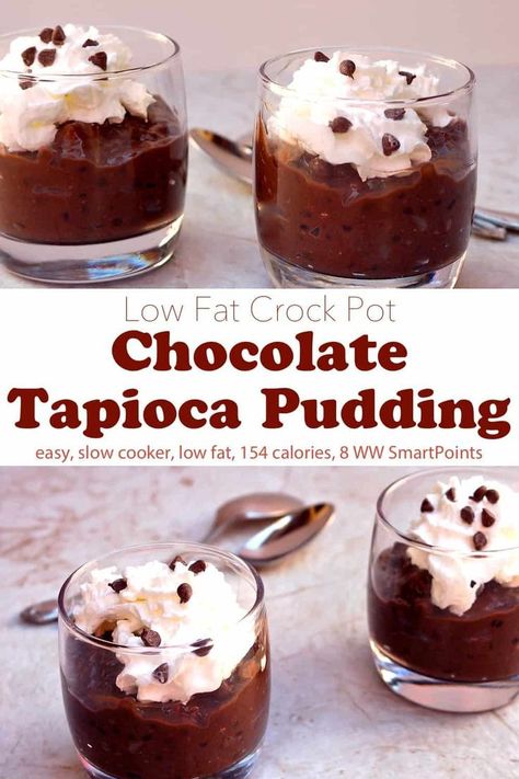 Cream crock pot chocolate tapioca pudding is an easy, delicious, low-calorie, weight watchers friendly dessert! #pudding #slowcooker #crockpot Chocolate Tapioca Pudding, Tapioca Pudding Recipe, Tapioca Pudding, Homemade Pudding, Crock Pot Desserts, Ww Freestyle, Slow Cooker Desserts, Recipe Simple, Pudding Desserts