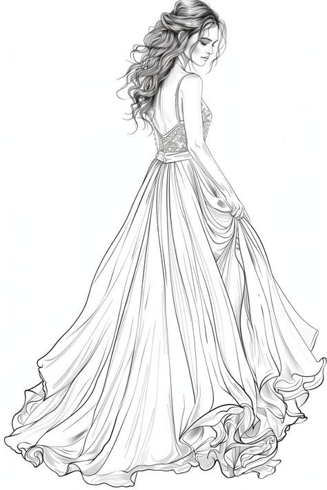 Working Details Drawings, Dress Coloring Pages Fashion Designers, Gowns Dresses Drawing, Dresses Coloring Pages, Dress Coloring Pages, Best Anime Series, Woman In Dress, Gown Drawing, Printed Prom Dresses