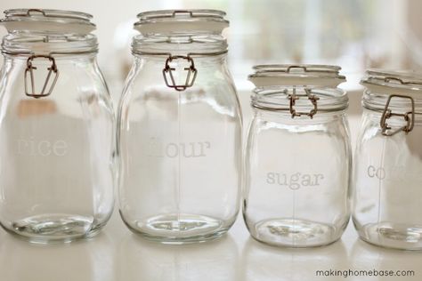 DIY:: Etched Glass Canister Labels ~    I picked up these great little glass jars at Ikea (of course) for less than 4.00 a piece. I am sure you could find similar jars at your favorite thrift store too.    How To @  http://www.makinghomebase.com/diy-etched-glass-canister-labels/ Tin Tile Backsplash, Vintage Cabinet Hardware, Decor And Organization Ideas, Canister Labels, Etching Cream, Organize Your Pantry, Home Decor And Organization, Tin Tiles, Old Cabinets