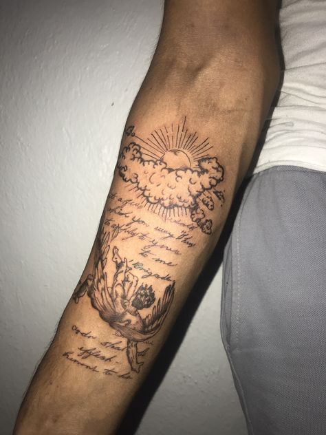 Strength And Protection Tattoo, Back Bicep Tattoo Men, Fine Line Full Sleeve Tattoo, Half Sleeve Tattoo For Men Forearm Design, Ribs Tattoo Men, Side Of Arm Tattoo, Christian Tattoos For Men, Christian Tattoos Men, Forearm Tattoo Men Sleeve