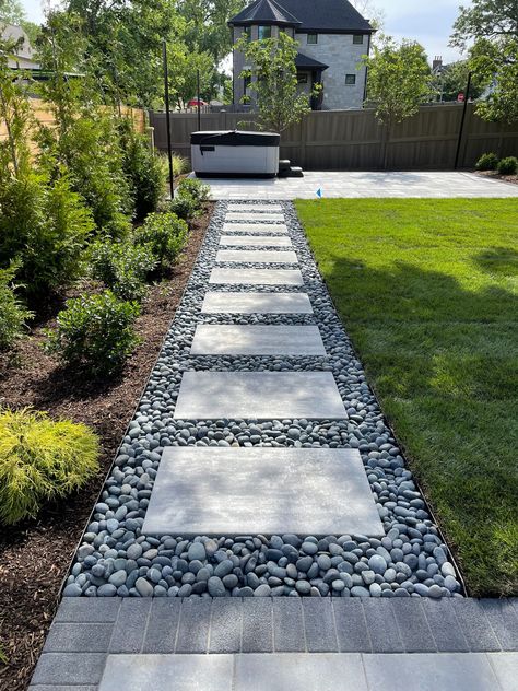 Landscaping - Design, Build & Maintain | Ross & Jack’s, Elmhurst, IL Rock Paver Landscaping, Garden Mound Ideas, White Pavers Black Pebbles, Mulch And Stone Walkway, Landscape Design Walkways, Acre Yard Landscaping, Backyard Landscaping Edging Ideas, Poured Concrete Walkways To Front Door, Landscaping Sidewalk To Front Door