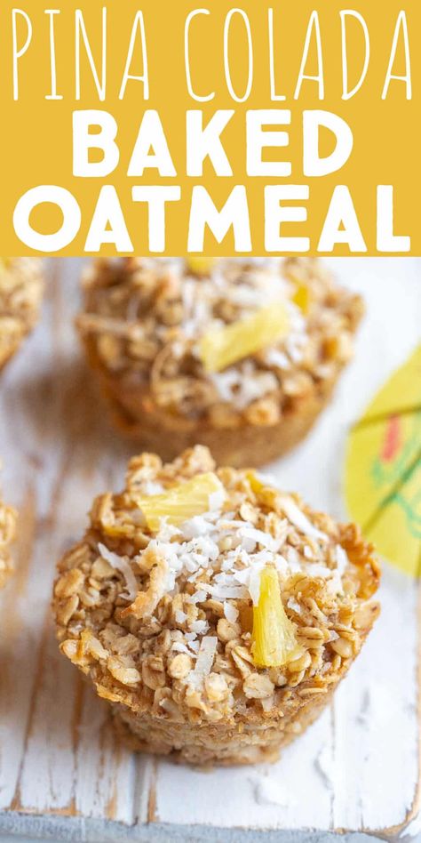 These Pina Colada Baked Oatmeal Cups are healthy, filling and so easy to throw together. They have a fresh fruity flavor that is perfect for summer and can be enjoyed for breakfast or as a snack. Make a big batch of these vegan oatmeal muffins on Sunday and have them on hand all week long for easy meals. I like to make mine extra special by adding some whipped cream and extra pineapple to the tops! #oatmealcups #bakedoatmeal #mealpreprecipe #easybreakfast #vegan #glutenfree Big Batch Breakfast, Vegan Oatmeal Muffins, Pineapple Breakfast, Dr Fuhrman Recipes, Dr Fuhrman, Oatmeal Bake, Healthy Breakfast Snacks, Baked Oatmeal Cups, Vegan Oatmeal