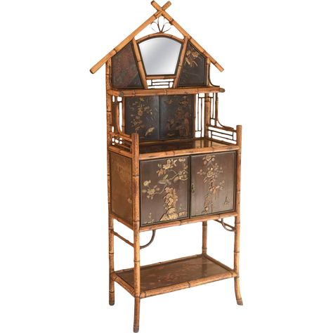 19th Century English Bamboo Etagere and Cabinet Bamboo Etagere, Tropical Cottage, Small Pagoda, Bamboo Cabinets, Antique Bamboo, Beach Furniture, Bamboo Furniture, Vintage Cabinets, Colored Stones