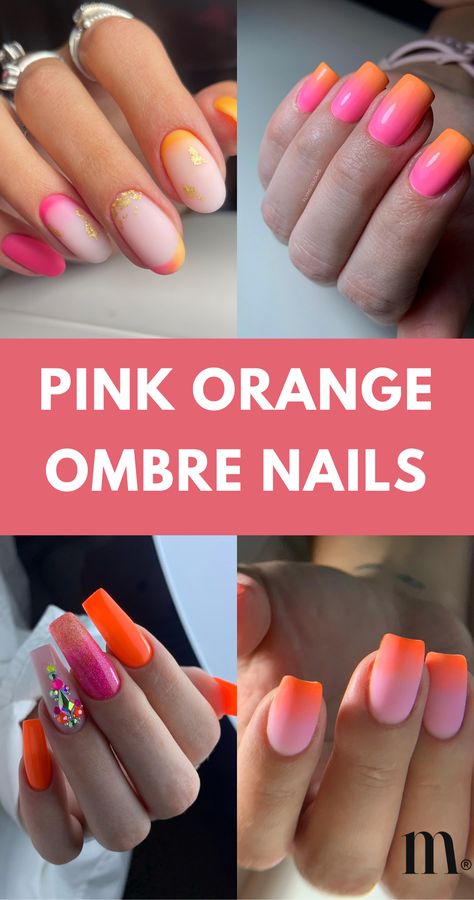 Get inspired for summer with these stunning pink orange ombre nail ideas! From glitter accents to neon hues, there's something for everyone in this collection. Elevate your nail game and embrace the summer vibes. Ombre Orange And Pink Nails, Neon Nails Pink And Orange, Ombre Pink And Orange Nails, Pink Orange Ombre Nails, Pink And Orange Ombre Nails, Coral Ombre Nails, Pink And Orange Ombre, Ombre Nail Ideas, Orange Ombre Nails