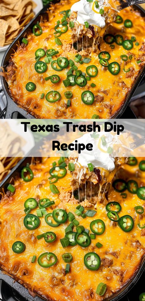 Enjoy Texas Trash Dip: Creamy, cheesy, and spiced to perfection. Perfect for any occasion! Texas Appetizer Recipes, Bacon Jalapeño Texas Trash Dip, Meaty Texas Trash Dip, Texas Trash Dip Recipe, Crowd Pleasing Recipes Parties Food, Trash Dip Recipe, Texas Trash Dip, Texas Trash, Mexican Dips