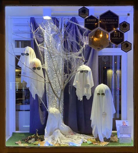 Halloween Shop Window Display, Halloween Store Window Display, Halloween Store Windows, Charity Shop Display Ideas, Halloween Window Display, Staff Lounge, Halloween Office, Store Window Display, Christmas Window Display