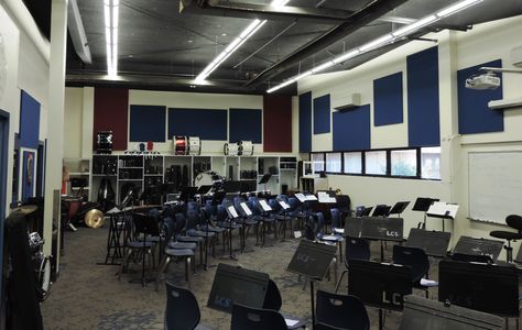 Band Room - Secondary High School Detention Room, Band Room School, Band Room Ideas High School, High School Study Hall Room, Highschool Hallway Aesthetic, Band Room Ideas, School Dining Hall Aesthetic, Band Teacher Gifts, Band Rooms