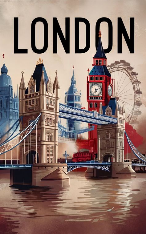 London Dreams, The London Eye, London Vintage, London Poster, Transportation Theme, Vintage Travel Poster, Vintage London, Vintage Fonts, London Eye