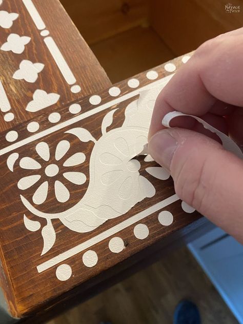 DIY Indian Bone Inlay Living Room Cabinet | Indian inspired living rooms | Long stencils with Cricut Maker 3 | Bone inlay stencil | #ad | Living room furniture | Free bone inlay stencils | DIY bone inlay | SVGs to use with Cricut Maker 3 | Indian living room ideas | FREE SVG stencils | #TheNavagePatch #Cricut #IndianInspiredLivingRoom #FreeDownloadable #FreeSVG #DIYdecor #EasyDIY #CricutJoy #CricutMaker3 #HowTo #CricutMade | TheNavagePatch.com Diy Bone Inlay Dresser, Bone Inlay Cabinet, Faux Carved Wood Diy, Decorative Painting On Furniture, Hand Painted Indian Furniture, Cricut Indian Projects, Faux Bone Inlay Furniture, Wall Stencil Ideas Living Room, Bone Inlay Stencil