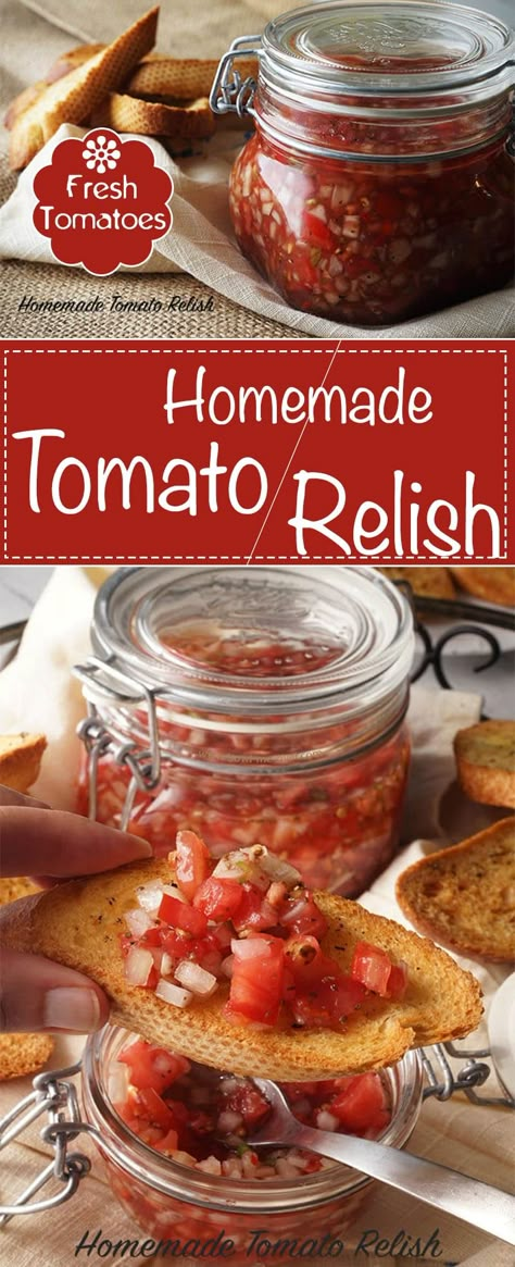 Homemade Tomato Relish will fast become your new favorite condiment! Fresh tomatoes, onions and peppers with delicious pickling spices, it's so versatile! Best Tomato Recipe! | Appetizers, homemade, Relish recipes, from scratch Homemade Relish, Tomato Relish Recipe, Tomato Sauce From Fresh Tomatoes, Sauce From Fresh Tomatoes, How To Make Tomato Sauce, Make Tomato Sauce, Parmesan Tomatoes, Pickling Spices, Baked Parmesan Tomatoes