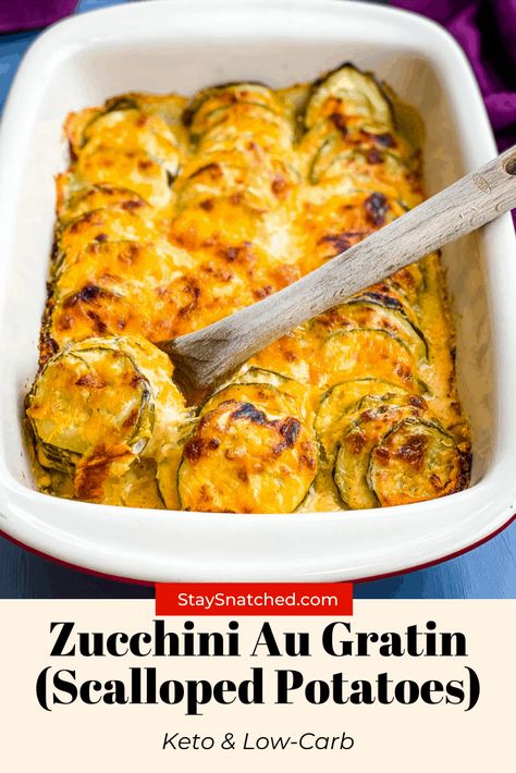 This Easy Zucchini Au Gratin is a healthy baked casserole loaded with cheese! This gooey side dish is layered with cheddar, mozzarella, and Parmesan cheese for the perfect dose of flavor. Loaded Zucchini Bake, Cheesy Zucchini Side Dish, Easy Weeknight Side Dishes, Keto Zucchini Casserole Recipes, Baked Zucchini And Cheese, Keto Sides Easy, Zucchini Au Gratin Easy, Scalloped Zucchini Casserole, Zucchini Au Gratin Casserole