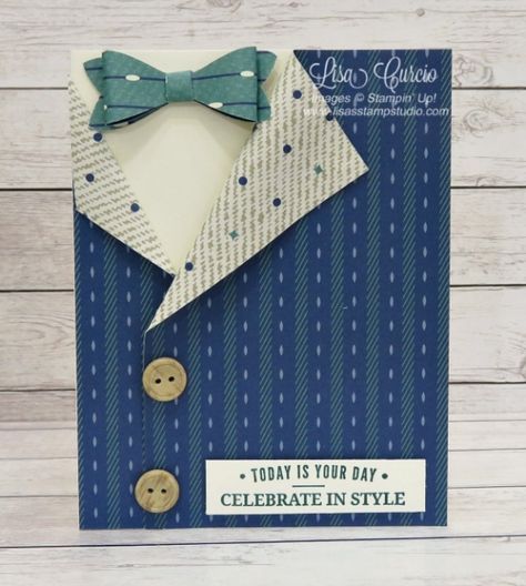 Truly Tailored Collared Shirt Card using the True Gentlemen designer paper, buttons and Bow Builder Punch. Lisa's Stamp Studio Shirt Card, Card Making Videos, Masculine Birthday Cards, Designer Paper, Birthday Cards For Men, Fancy Fold Cards, Stamping Up Cards, Card Making Techniques, Fun Fold Cards