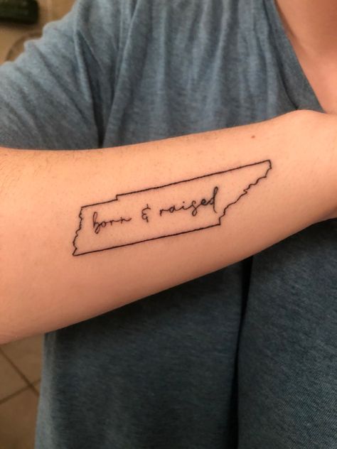 Tennessee Born & Raised tattoo Born And Raised Tattoo, State Of Tennessee Tattoo, Tennessee Vols Tattoo, Tennessee Tattoo Ideas Women, Tennessee Tattoo Ideas, Tennessee Tattoo, State Tattoos, Country Tattoos, Finger Tattoos