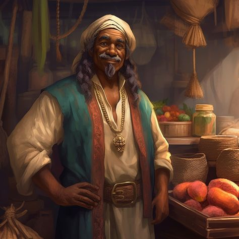 Dnd Merchant Art, Fantasy Shopkeeper, Dnd Merchant, Dnd Peasant, Fantasy Merchant, Dungeons And Dragons Characters, Dnd Art, Fantasy Setting, Fantasy Male