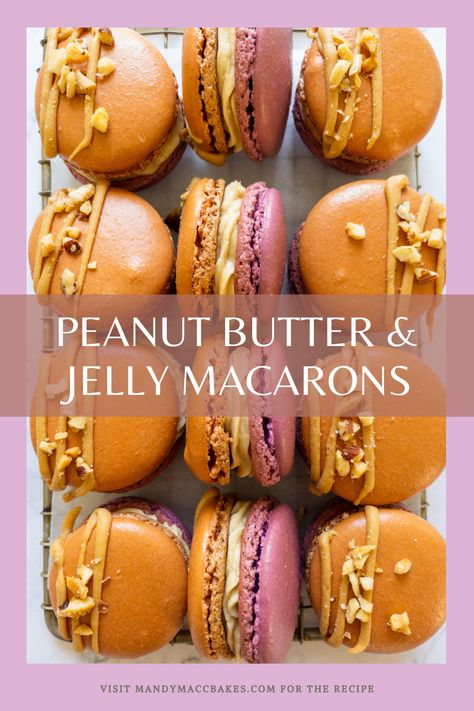 Bake Off Winning Recipes, Peanut Butter Jelly Desserts, Chocolate Peanut Butter Macarons, Peanut Butter Jelly Macarons, Maccarone Flavors, Fig Macarons, Fall Macaron Flavors, Summer Macaron Flavors, Pb&j Macarons