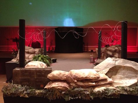 Army  Stage design Army Party Decorations, Camp Vbs, Church Stage Design Ideas, Tan Pillows, Stage Design Ideas, Vbs Themes, Roman Era, Youth Decor, Church Stage Design