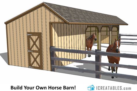 Run In Shed Plans - Building Your Own Horse Barn - iCreatables Horse Shelter With Tack Room, Horse Run In Shed, Horse Run In Shelter, Run In Shed Plans, Simple Horse Barns, Horse Trailer Renovation, Horse Shelters, Horse Shed, Cool Sheds