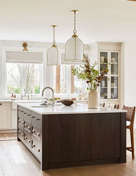 House & Home - A Farmhouse Kitchen And Bathroom Renovation Small Kitchen Lighting Ideas, Small Kitchen Lighting, Dark Wood Kitchens, Wood Kitchen Island, Shaker Style Kitchens, Timeless Kitchen, Classic Kitchen, Kitchen Cabinet Hardware, Shaker Kitchen