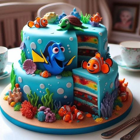 Finding Nemo Birthday Cake Ideas, Finding Nemo Cake Ideas, Nemo Cake Ideas, Fish Birthday Cakes, Finding Dory Cupcakes, Two The Sea Birthday, Dory Birthday Cake, Finding Nemo Birthday Party Ideas, Nemo Birthday Cake