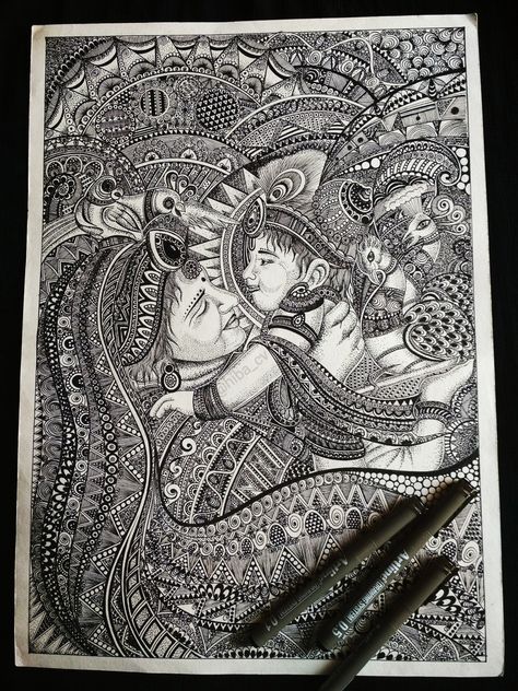 Doodling of Krishna And Yashoda Detailed Doodle Art, Krishna Zentangle Art, Radhe Krishna Mandala Art, Krishna Pen Drawing, Pen Art Work Illustrations, Mandala Art Krishna, God Mandala Art, Krishna And Yashoda, Drawing Of Krishna