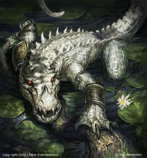 I like the idea of this dragon. It is closer to an alligator. I like this because it is unique. Werecrocodile Art, Dnd Crocodile, Alligator Monster, Monster Crocodile, Crocodile Monster, White Lizard, White Alligator, Arcadia Quest, White Crocodile