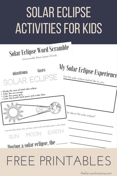 Tips for Experiencing the Solar Eclipse with Kids: The Fervent Mama - FREE Printable solar eclipse Activities for kids. Help the whole family enjoy the 2017 solar eclipse! via @theferventmama Eclipse Activities For Kids, Solar Eclipse Kids, Eclipse Activities, Solar Eclipse Activity, Eclipses Art, Space Words, Homeschooling Tips, Kids Help, Homeschool Elementary