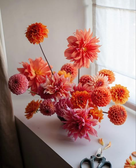 Red And Yellow Floral Arrangements, Floral Photoshoot, Yellow Flower Arrangements, Orange And Pink Wedding, Client Board, Colorful Bridal Bouquet, Moore House, Pink Weddings, Dahlia Bouquet