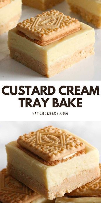 This Custard Cream traybake is a super easy no-bake dessert with only 4 ingredients! It consists of a Custard Cream biscuit base and a fudgy white chocolate topping. Cake Tray Bakes, Custard Cream Biscuits, Cheesecake Traybake, Traybake Desserts, Tray Bakes Desserts, Traybake Recipes Cake, No Bake Traybake Recipes, Custard Recipes Desserts, Traybakes Sweet