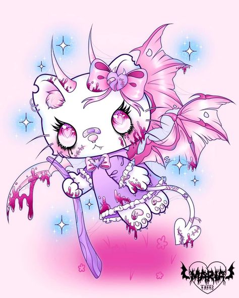 Creepy Hello Kitty, Goth Hello Kitty Aesthetic, Goth Kawaii Art, Goth Hello Kitty, Yumi Kawaii, Hello Kitty Tattoos, Hello Kitty Aesthetic, Kitty Images, Tatuaje A Color