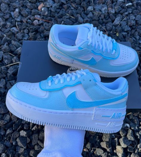 Light Blue Custom Air Force 1, White And Blue Air Force 1, Blue Nikes Shoes, Blue Aesthetic Shoes, Shoes Aesthetic Sneakers, Aesthetic Jordans, Shadow Air Force, Nike Air Force 1 Blue, Nike Shadow